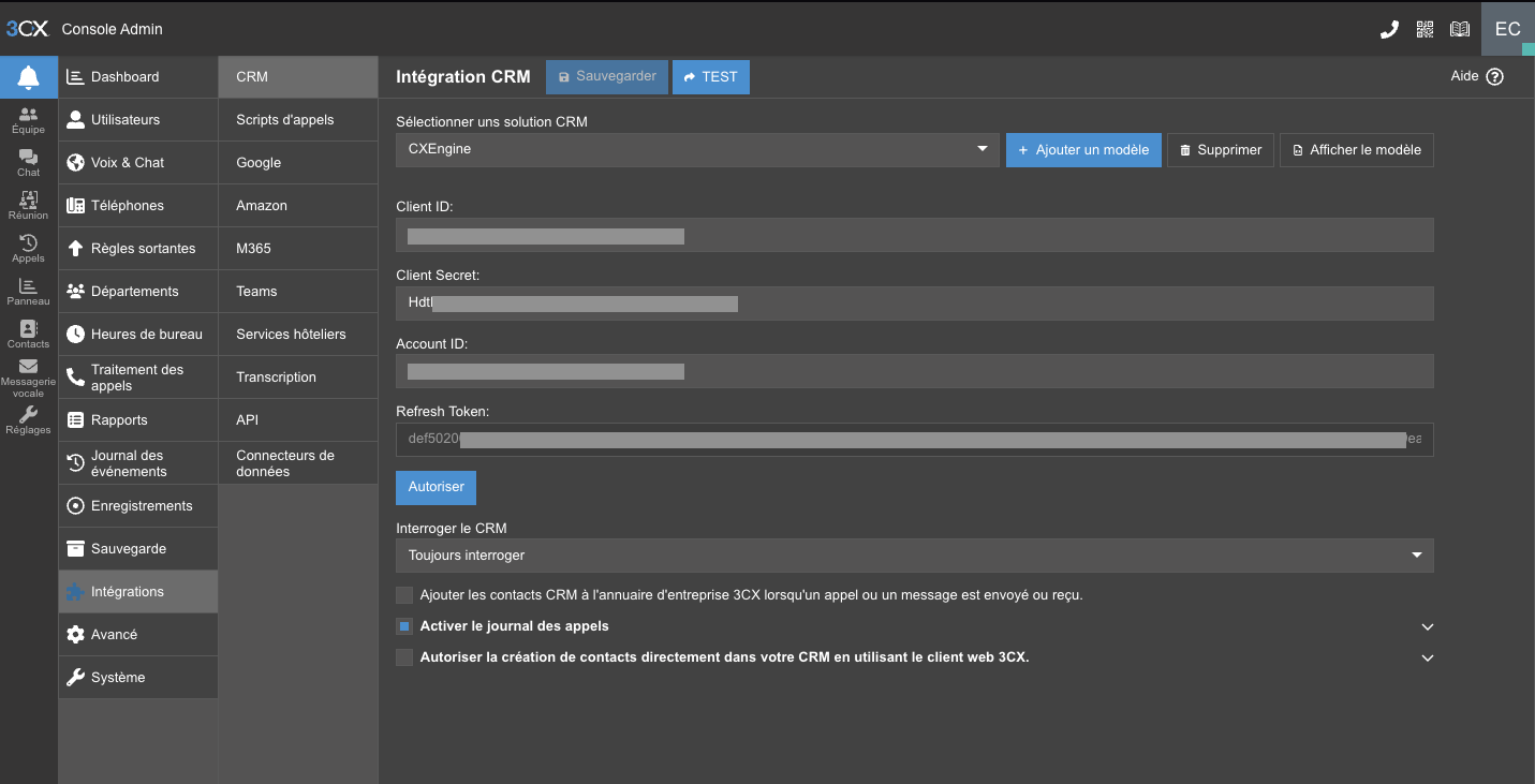 Integration configuration in 3CX